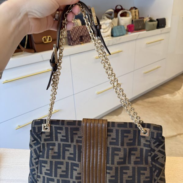 Fendi Chain Flap Shoulder Bag Zucca Canvas Large