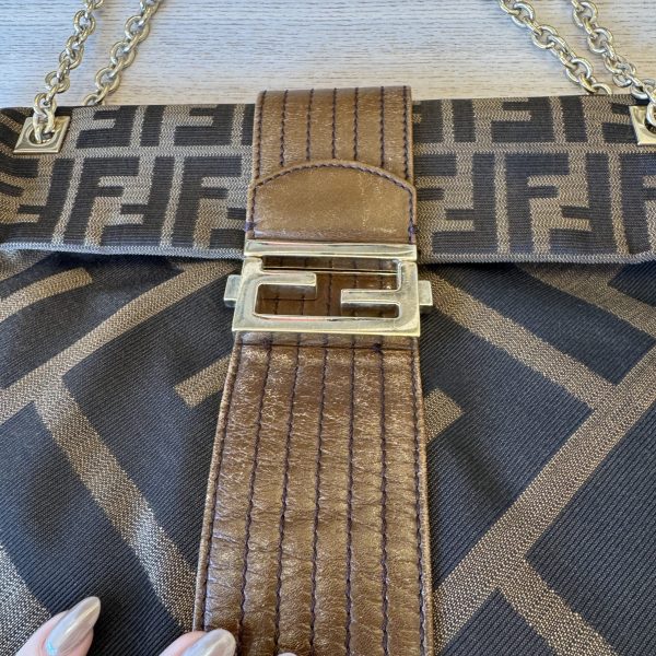 Fendi Chain Flap Shoulder Bag Zucca Canvas Large
