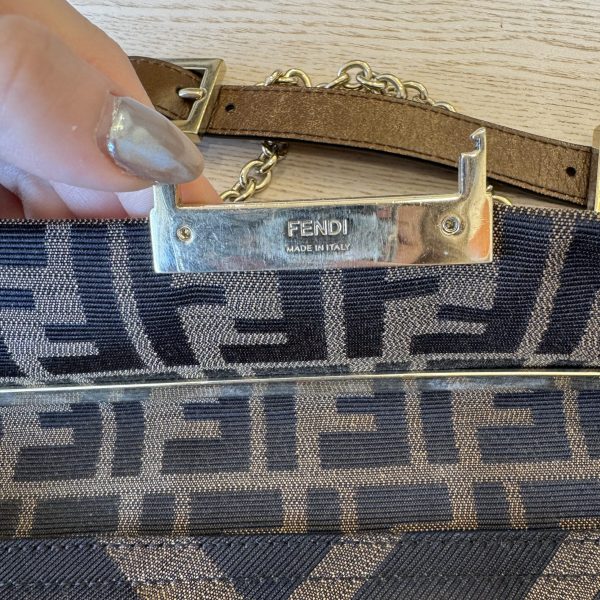 Fendi Chain Flap Shoulder Bag Zucca Canvas Large