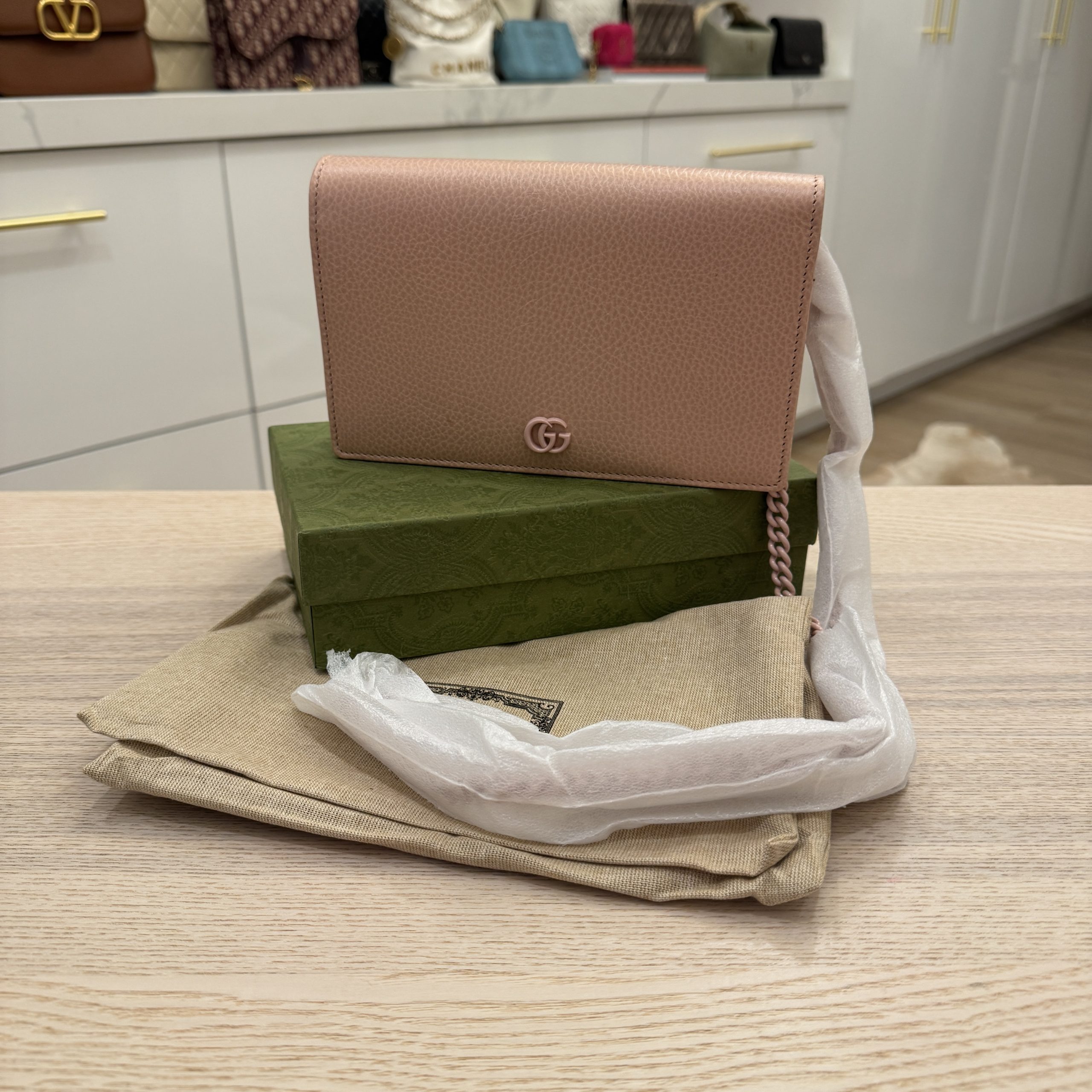Gucci Dollar Calfskin Enamel Monochrome Mini GG Marmont Chain Wallet Perfect Pink