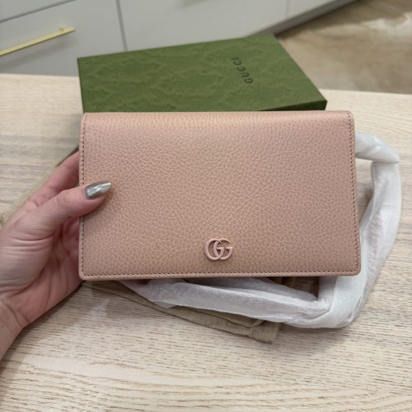 Gucci Dollar Calfskin Enamel Monochrome Mini GG Marmont Chain Wallet Perfect Pink