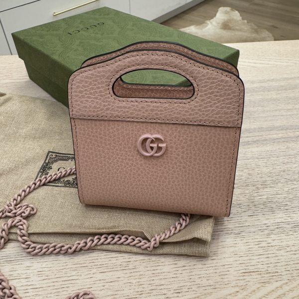 Gucci Dollar Calfskin Enamel Monochrome GG Marmont Top Handle Card Case Wallet Perfect Pink