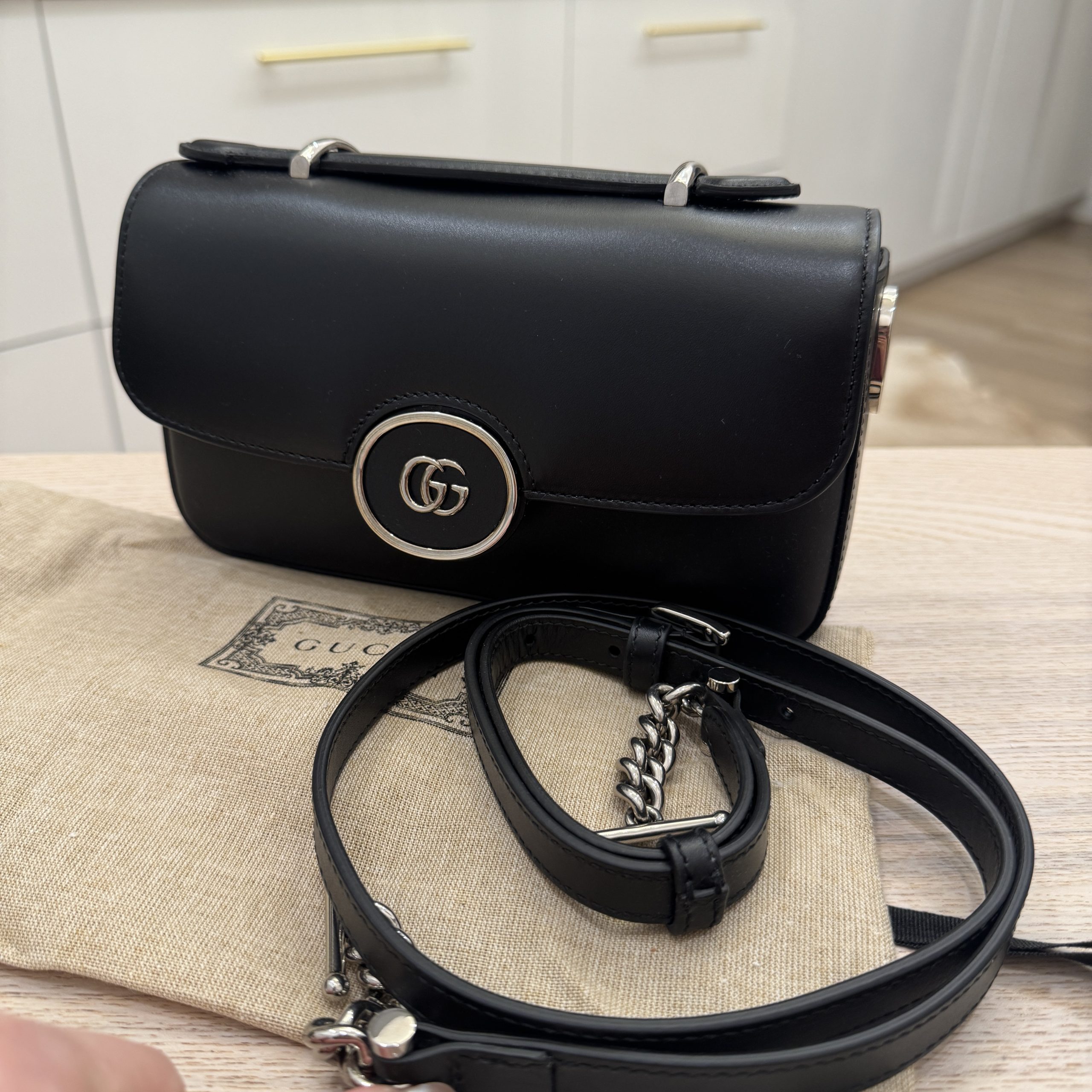 Gucci Senna Calfskin Petite GG Top Handle Shoulder Bag Black