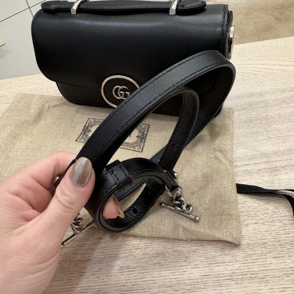 Gucci Senna Calfskin Petite GG Top Handle Shoulder Bag Black