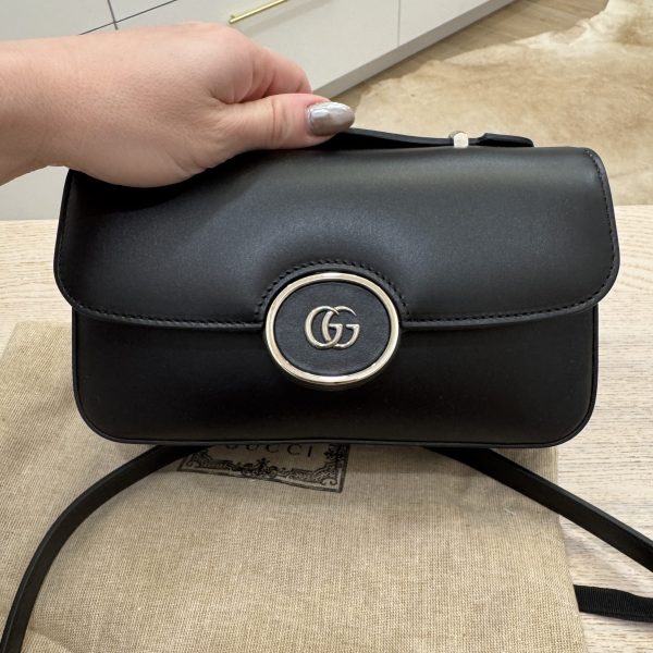 Gucci Senna Calfskin Petite GG Top Handle Shoulder Bag Black