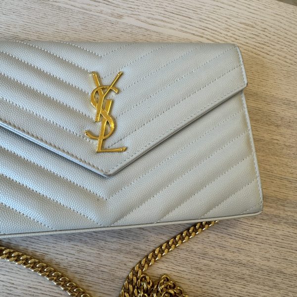 Saint Laurent Envelope Quilted Leather Chain Wallet Cream Soft and Gold Hardware