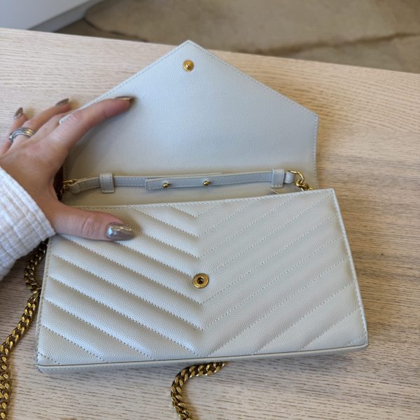 Saint Laurent Envelope Quilted Leather Chain Wallet Cream Soft and Gold Hardware