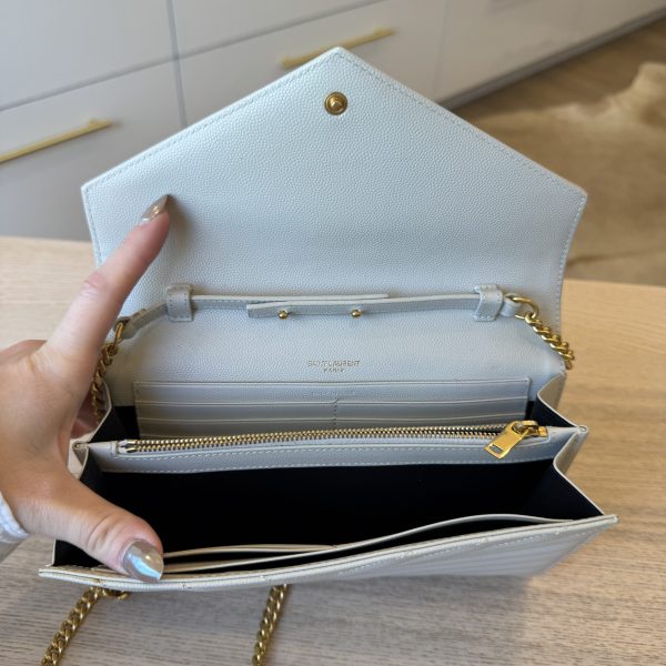 Saint Laurent Envelope Quilted Leather Chain Wallet Cream Soft and Gold Hardware