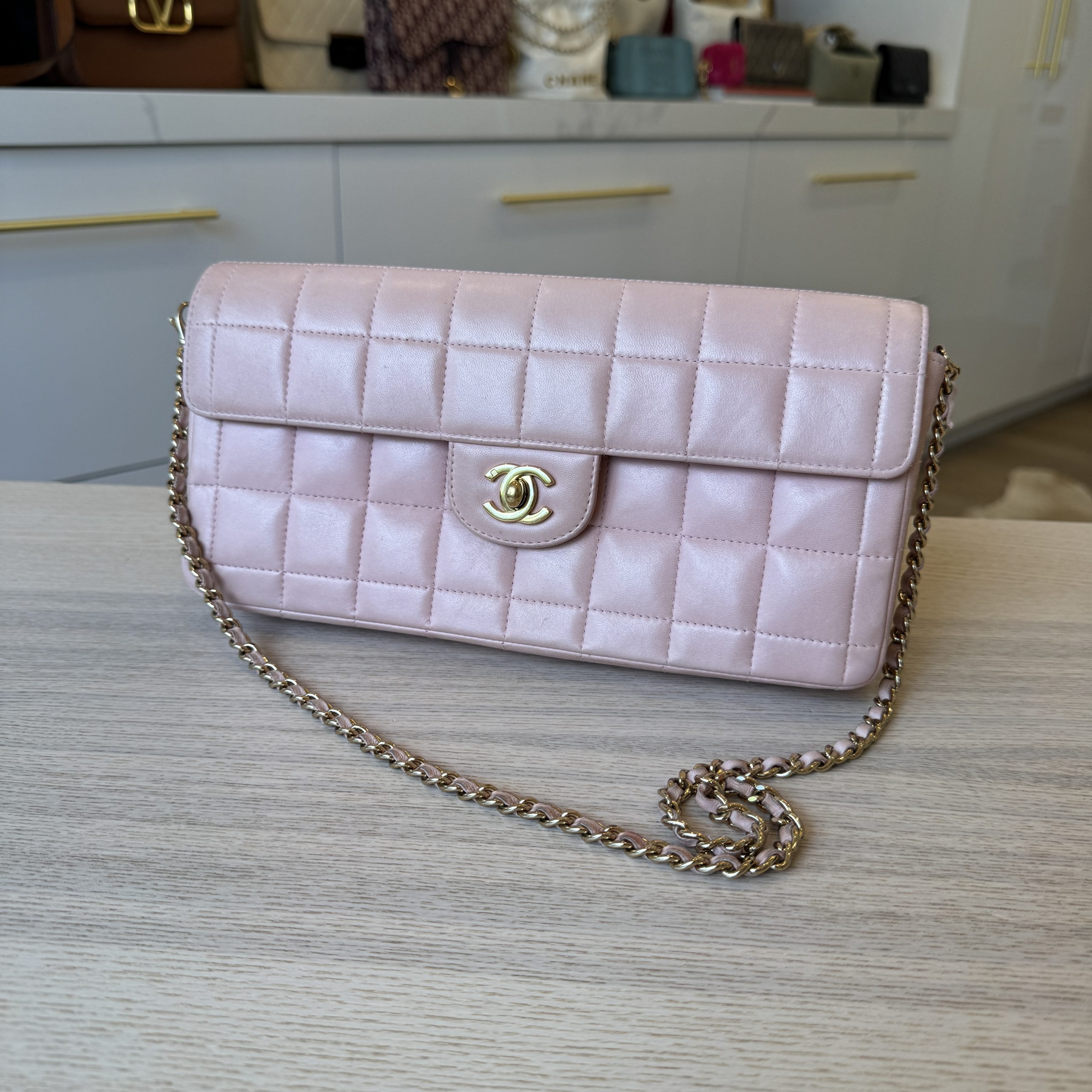Chanel Lambskin East West Chocolate Bar Flap Light Pink 18K Gold Hardware