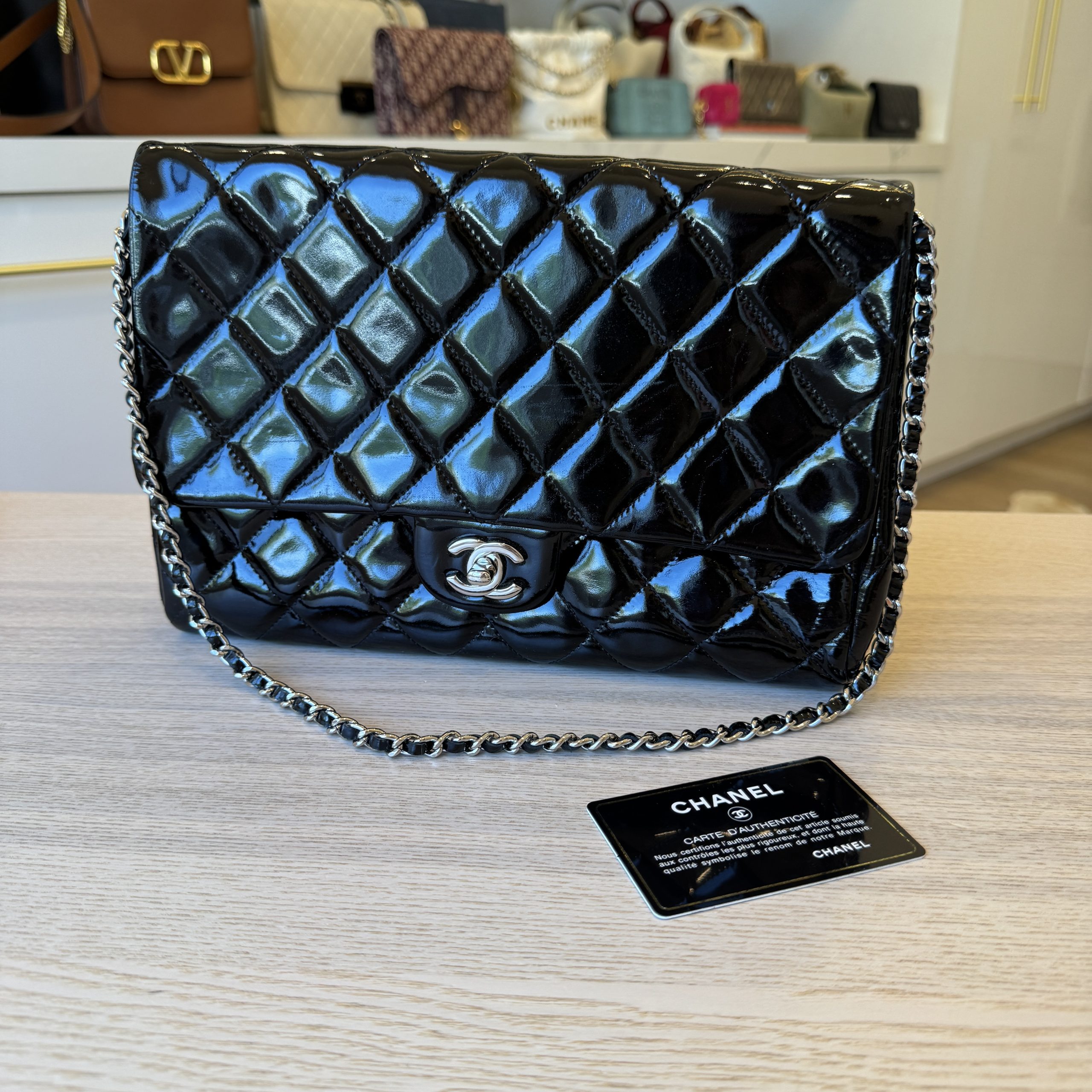 Chanel Patent Quilted Clutch with Chain Flap Black Silver Hardware
