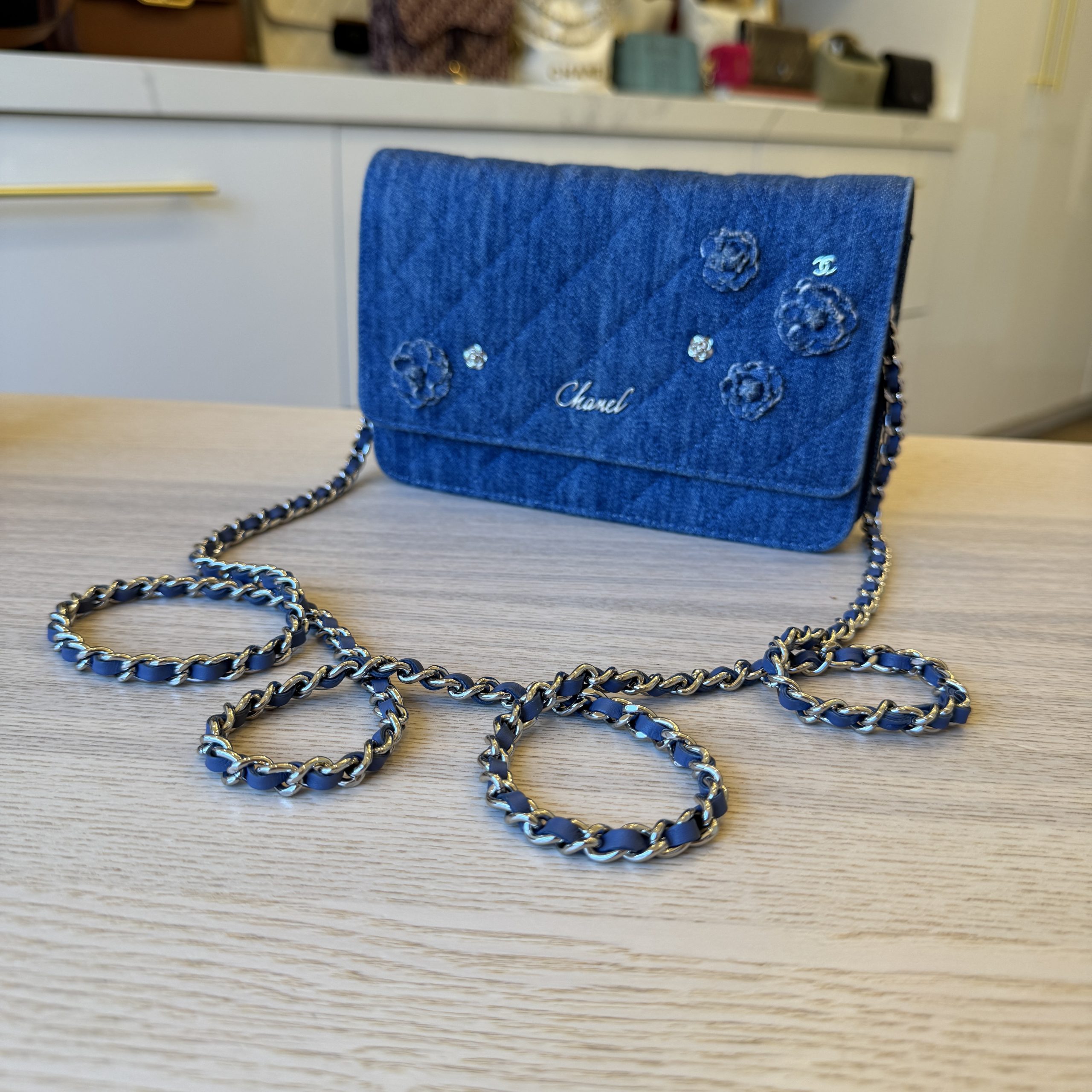 Chanel Denim Quilted Camellia Wallet On Chain WOC Blue