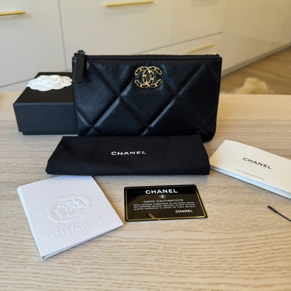 Chanel Quilted Small 19 Zipped Pouch Black Gold Hardware