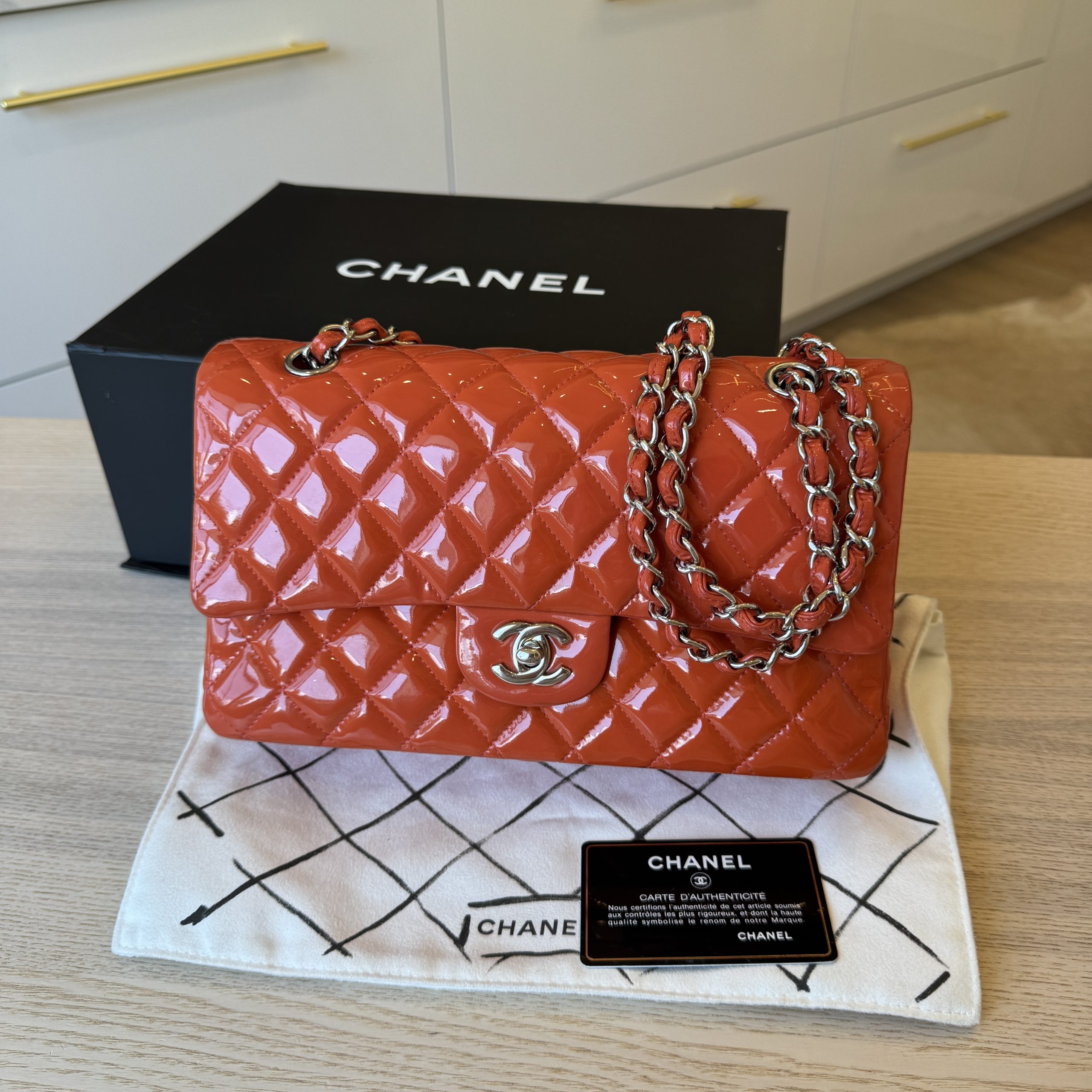 Chanel Patent Quilted Medium Double Flap Silver Hardware