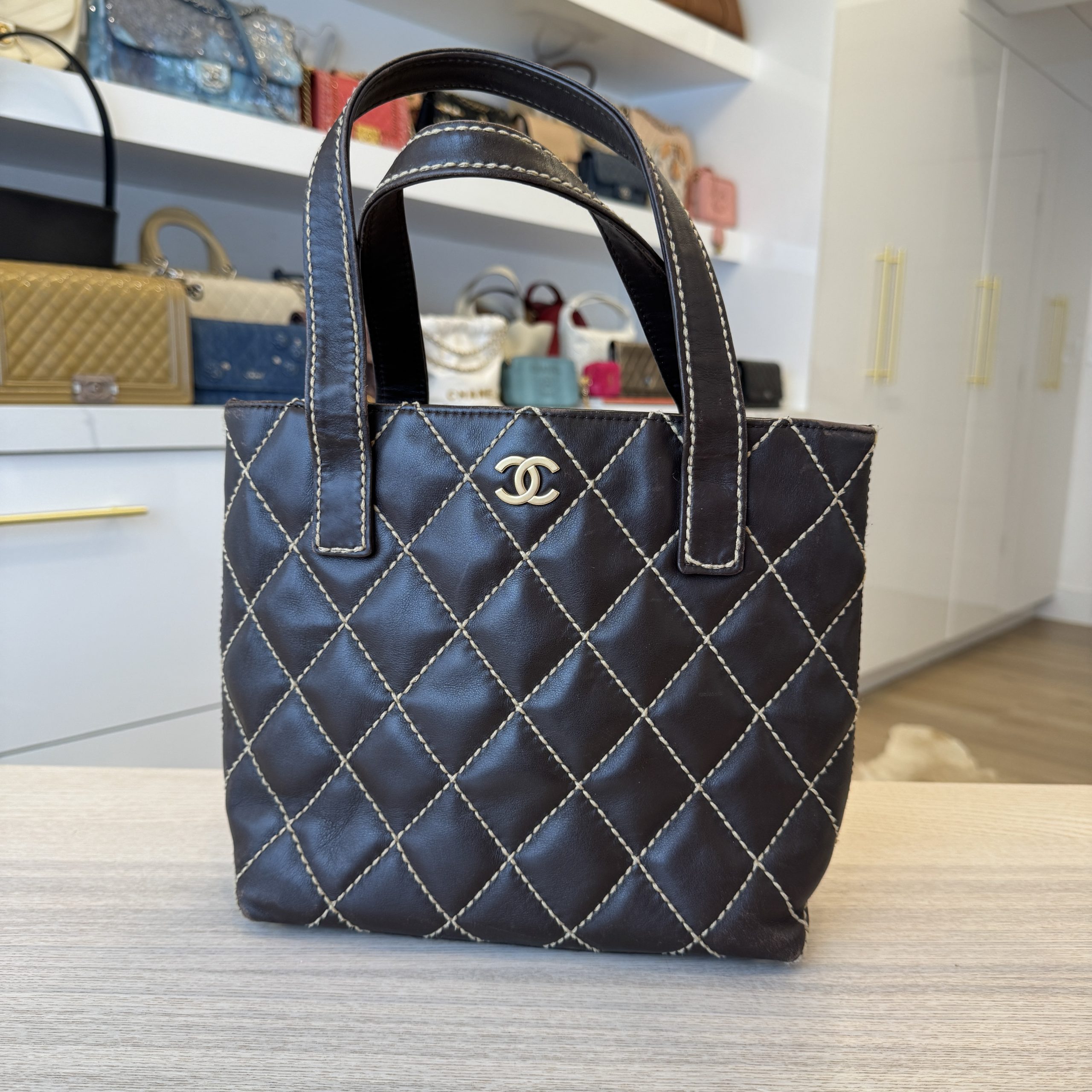 Chanel Calfskin Stitch Small Surpique Tote Dark Brown