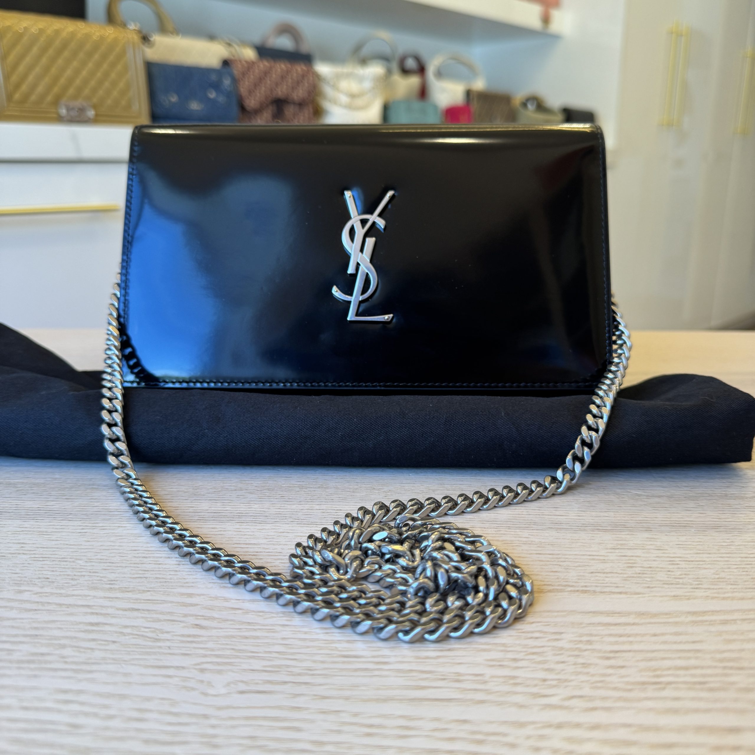 Saint Laurent (YSL) Cassandre Leather Wallet on a Chain Black Saw