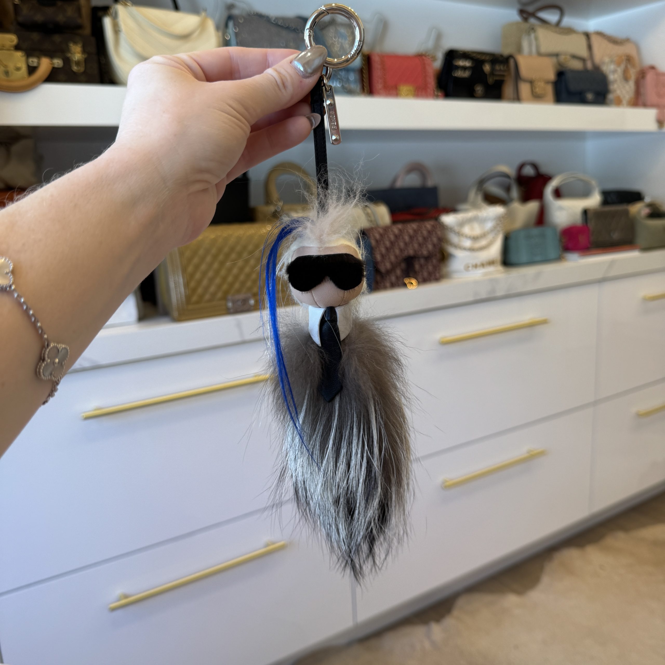 Fendi Blue And Silver Fur Mini Karlito Bag Charm
