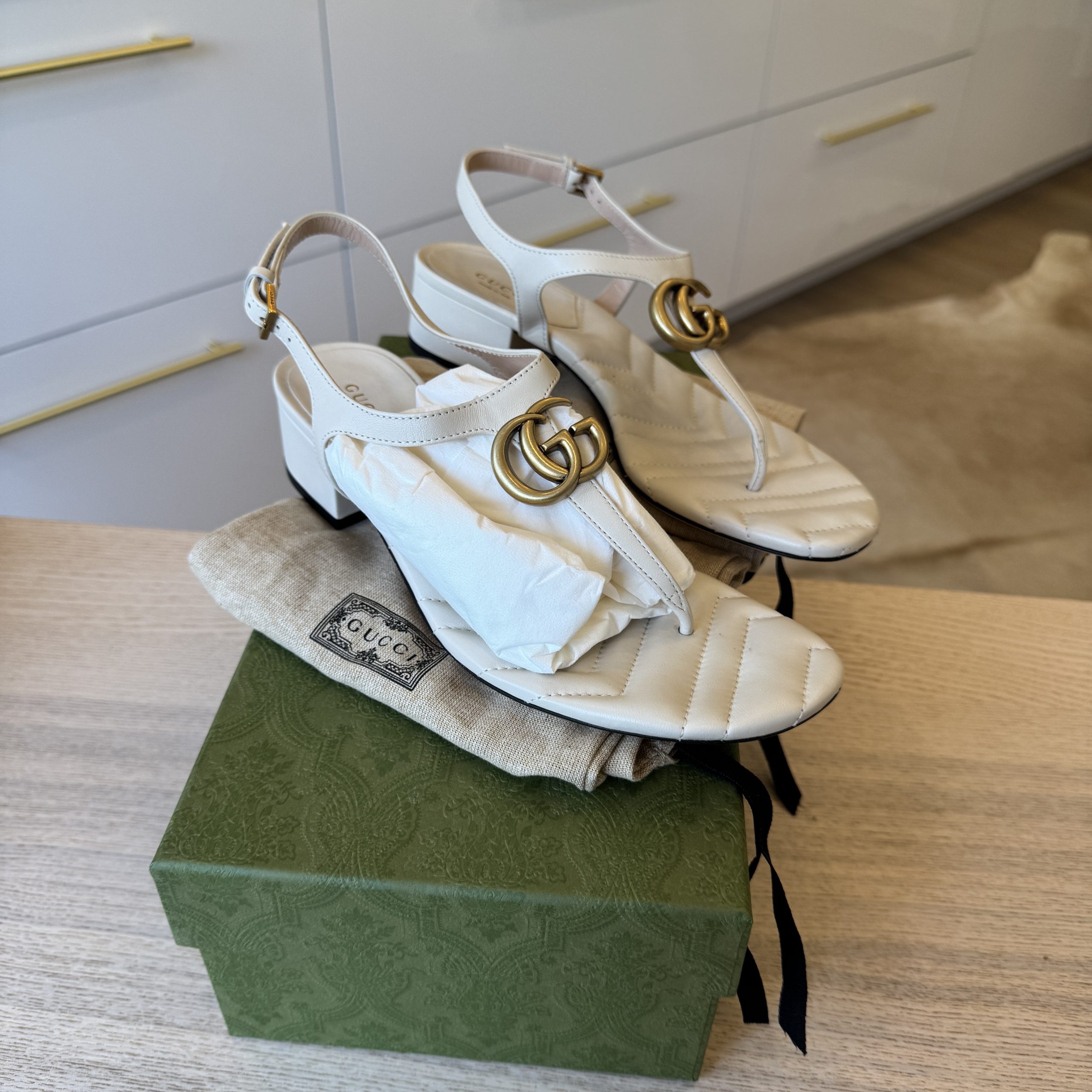 Gucci Double G Marmont White Heeled Thong Leather Sandal 38.5