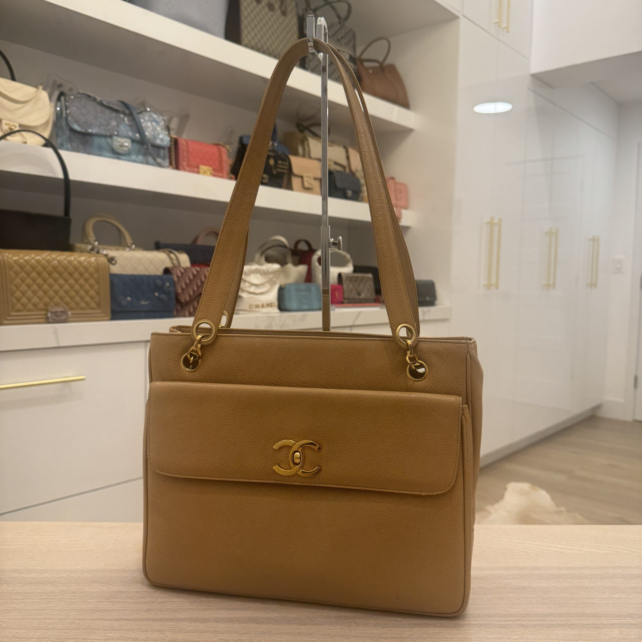 Chanel Vintage Front Pocket Tote Caviar Medium Beige Gold Hardware
