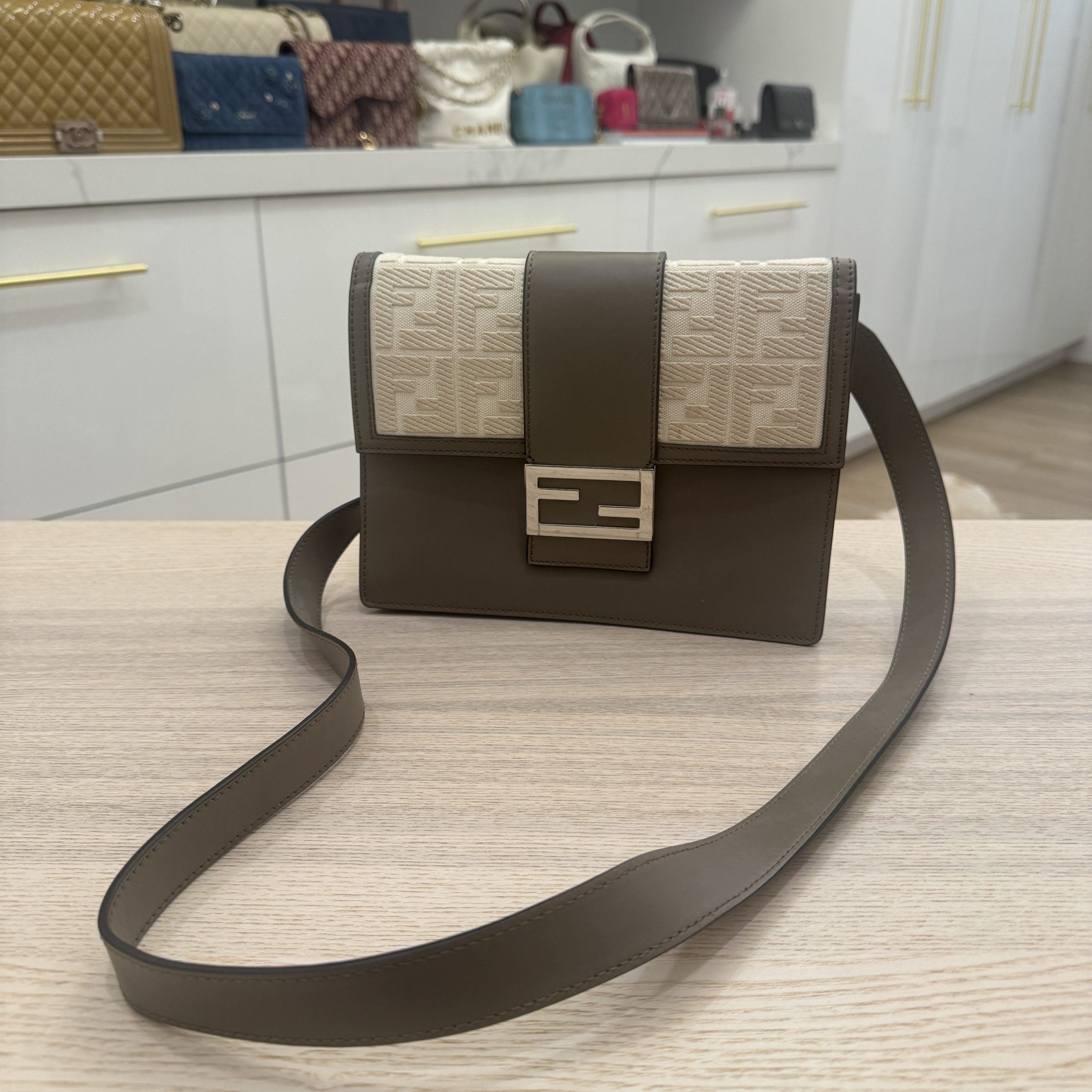 Fendi Flat Baguette Crossbody Bag Leather with Zucca Jacquard Medium