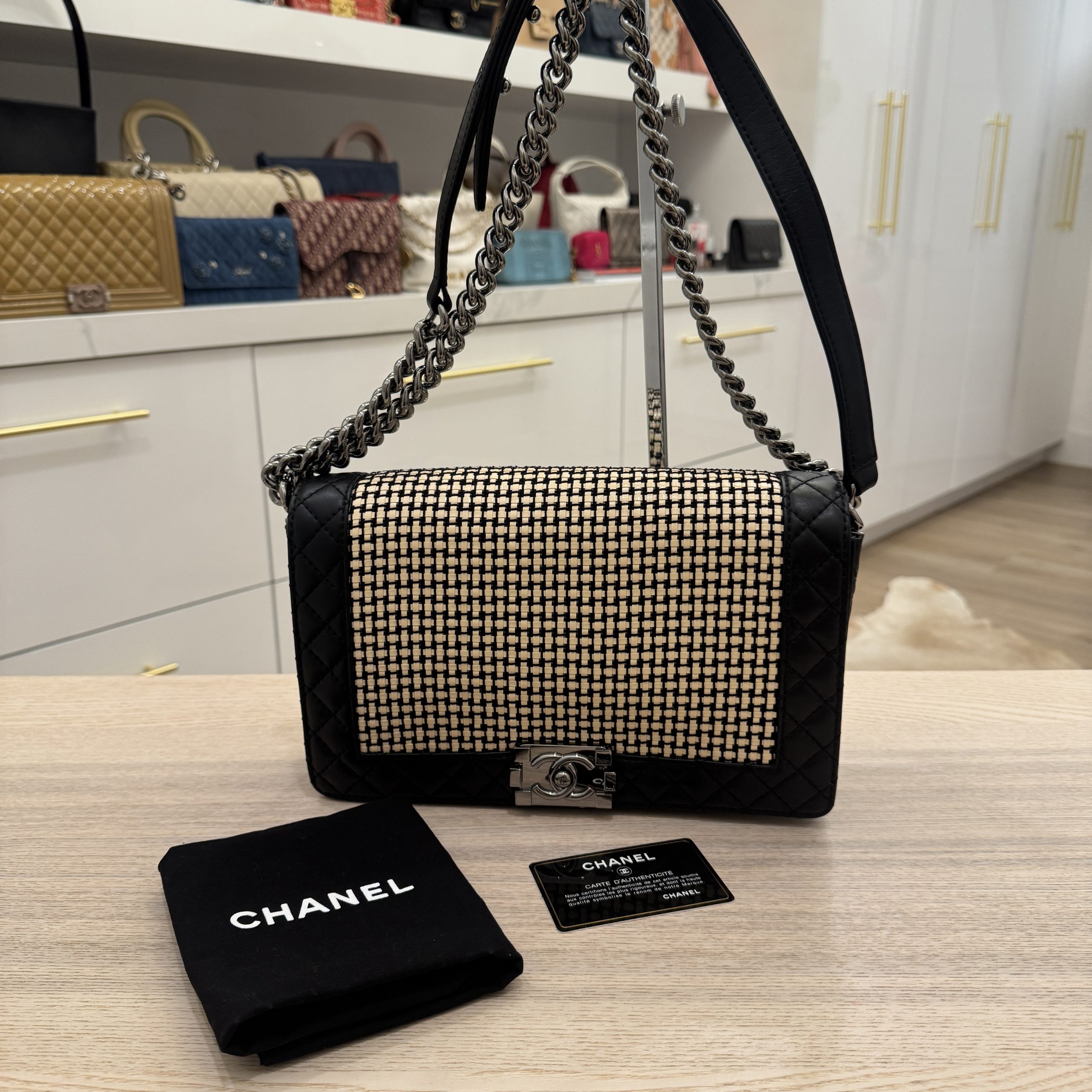 Chanel Calfskin Woven Medium Boy Reverso Flap Black