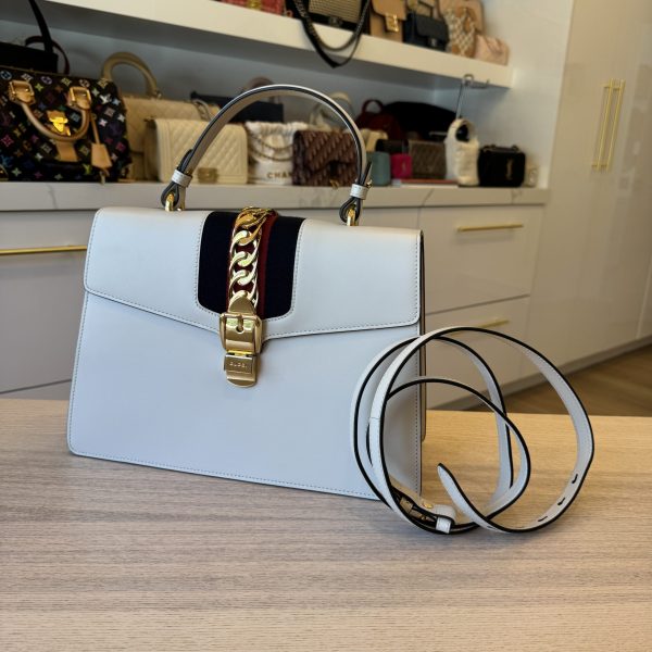 Gucci Calfskin Web Medium Sylvie Top Handle Bag White