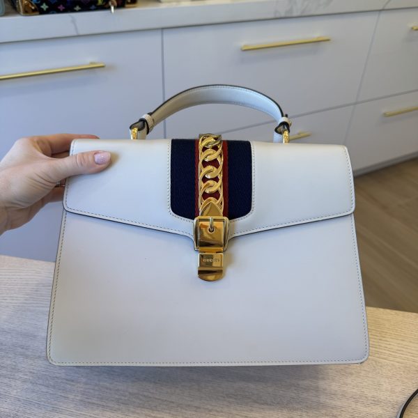 Gucci Calfskin Web Medium Sylvie Top Handle Bag White