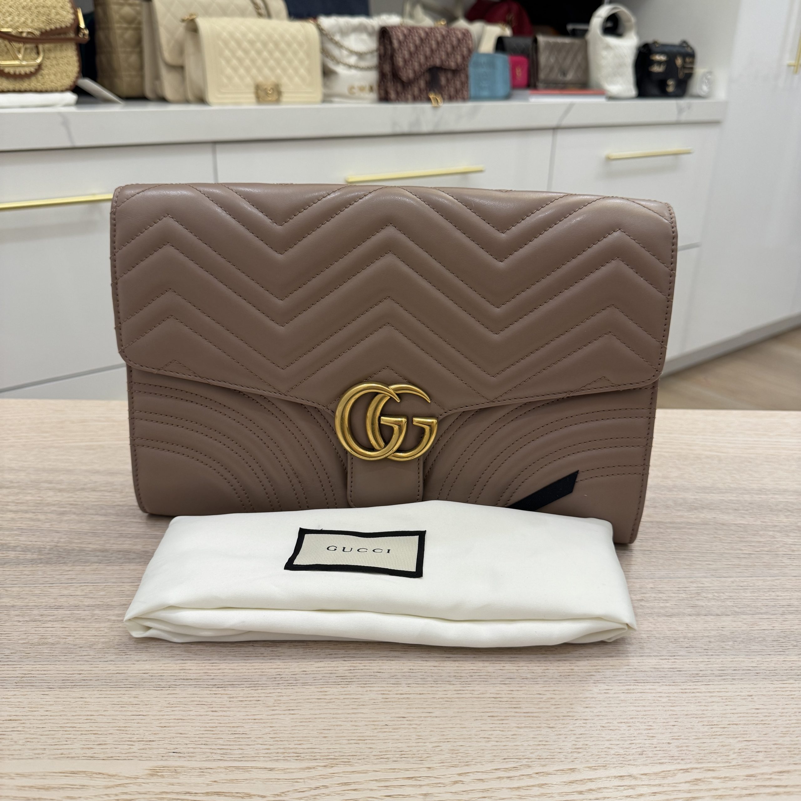 Gucci GG Marmont Flap Clutch Matelasse Leather Porcelain Rose