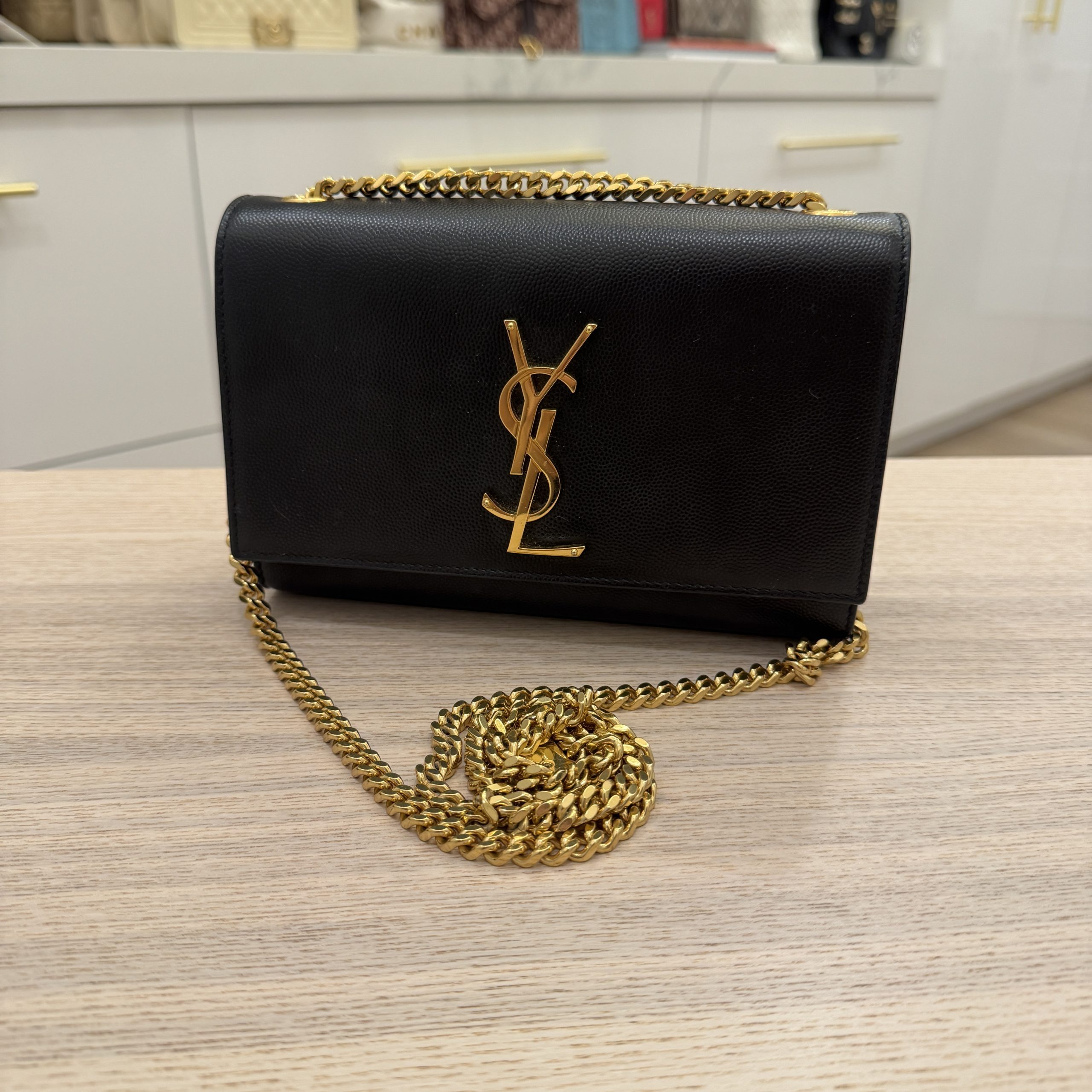 Saint Laurent (YSL) Grain De Poudre Small Monogram Kate Satchel Black and Gold Hardware