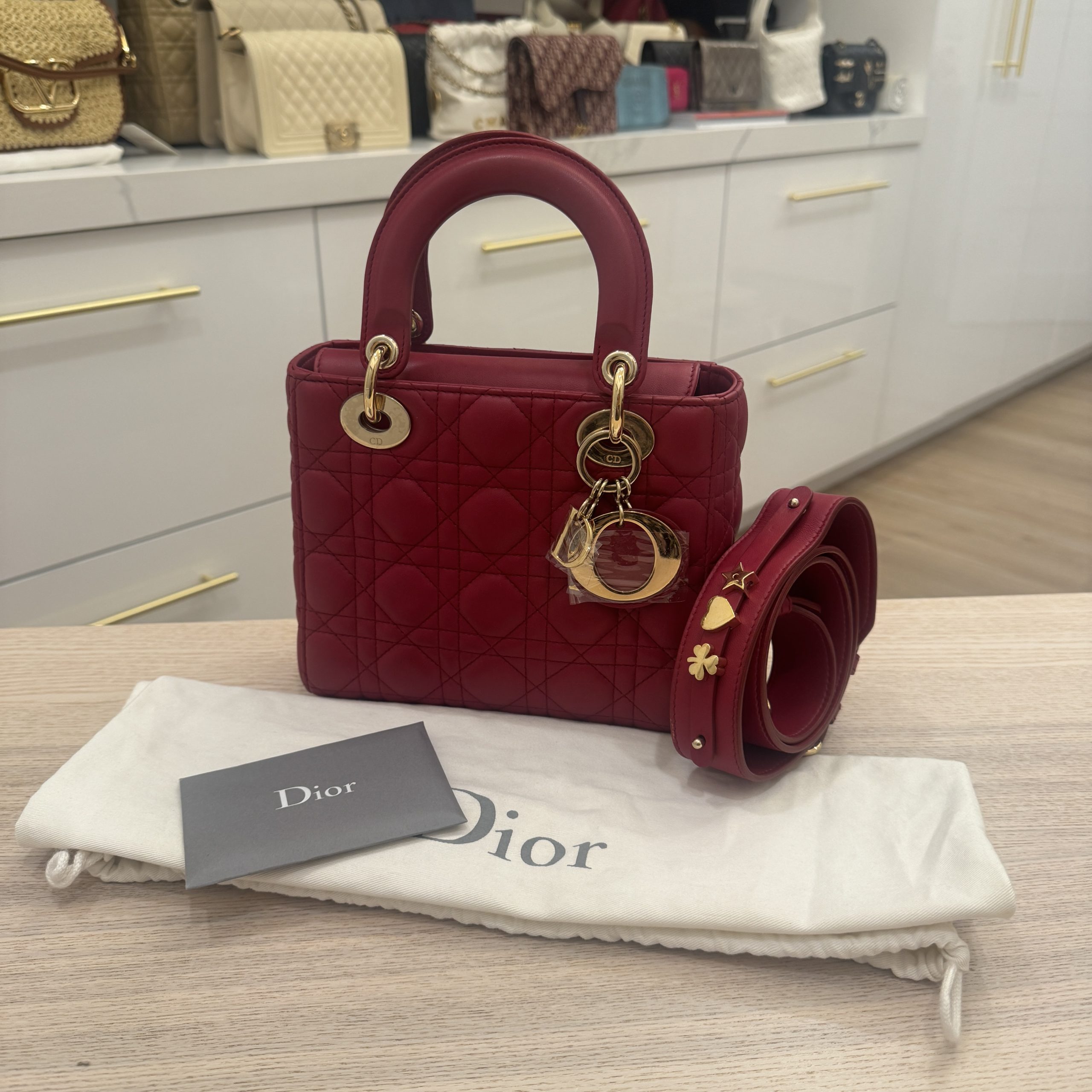 Christian Dior Lambskin Cannage Small Lady Dior Dark Red Gold Hardware my ABC Strap