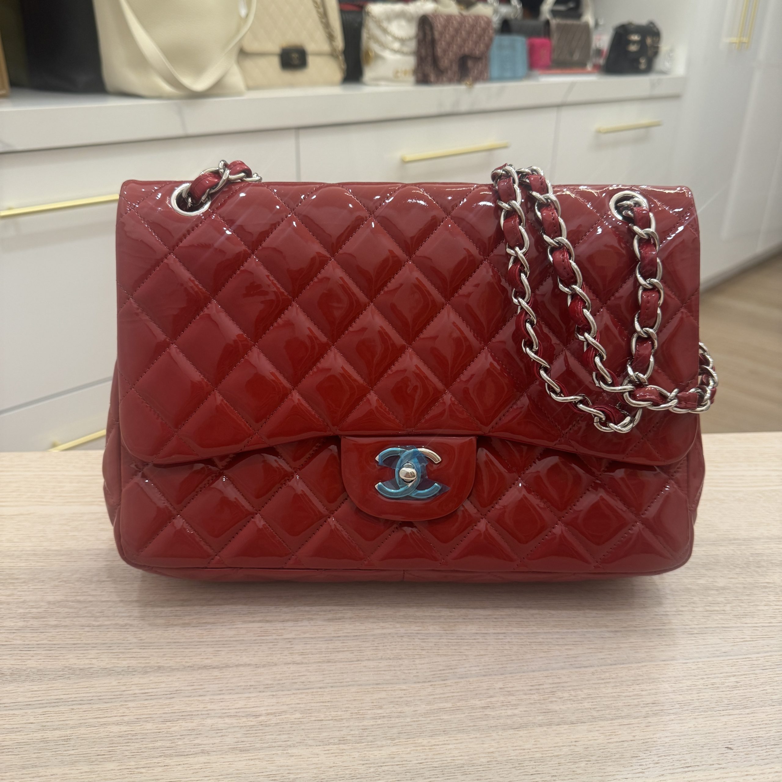 Chanel Patent Quilted Jumbo Double Flap Red with Silver Hardware