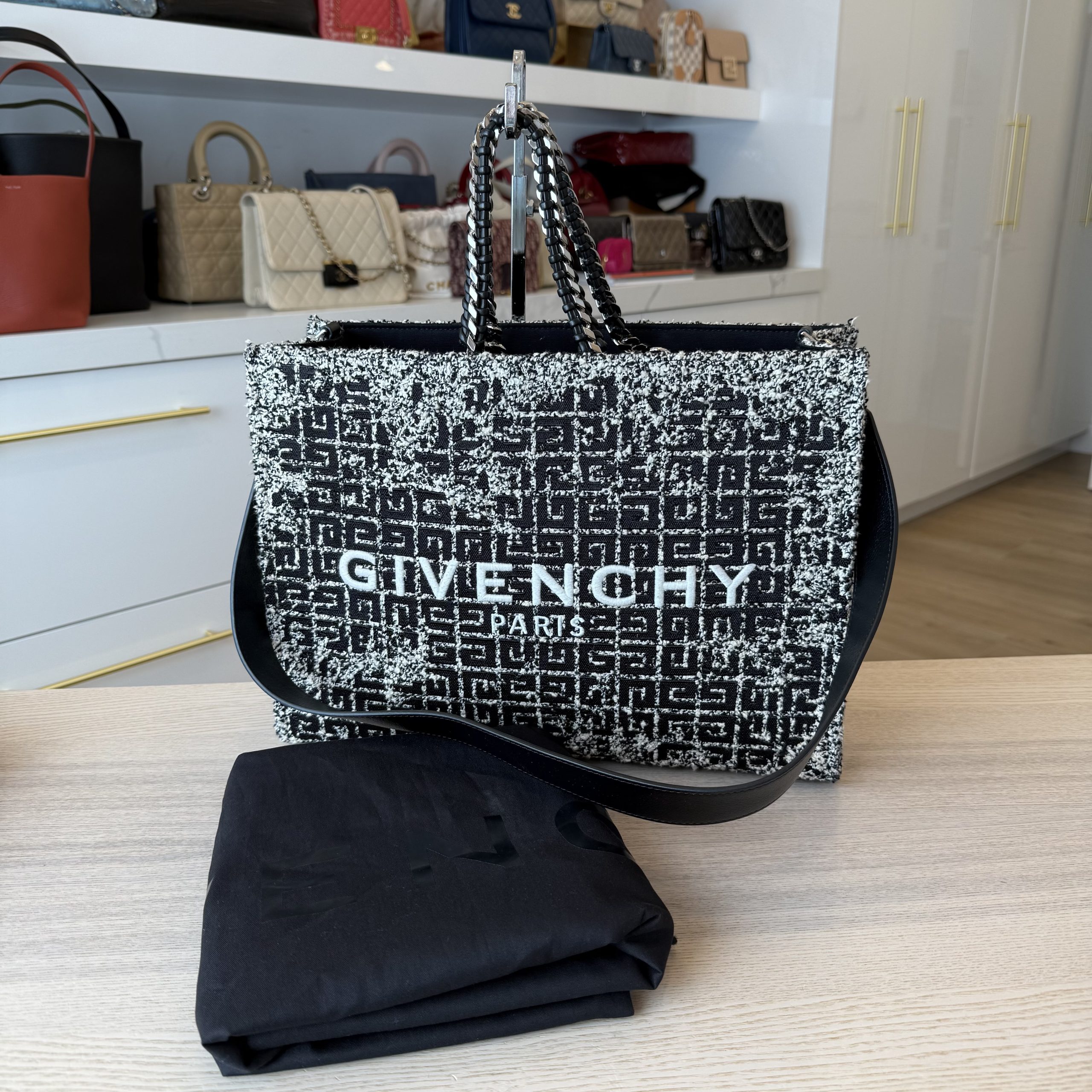 Givenchy Medium G-Tote Bag in 4G Tweed Cotton Black and White