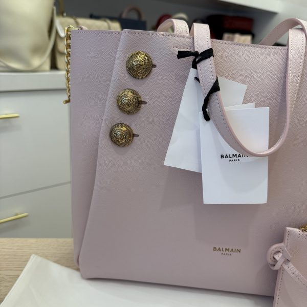 Balmain Embleme Shopper Tote Bag in Smooth Leather Rose Claire