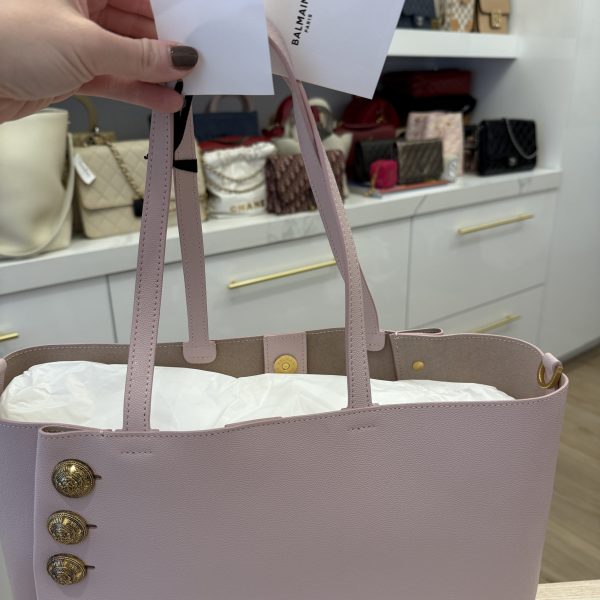 Balmain Embleme Shopper Tote Bag in Smooth Leather Rose Claire