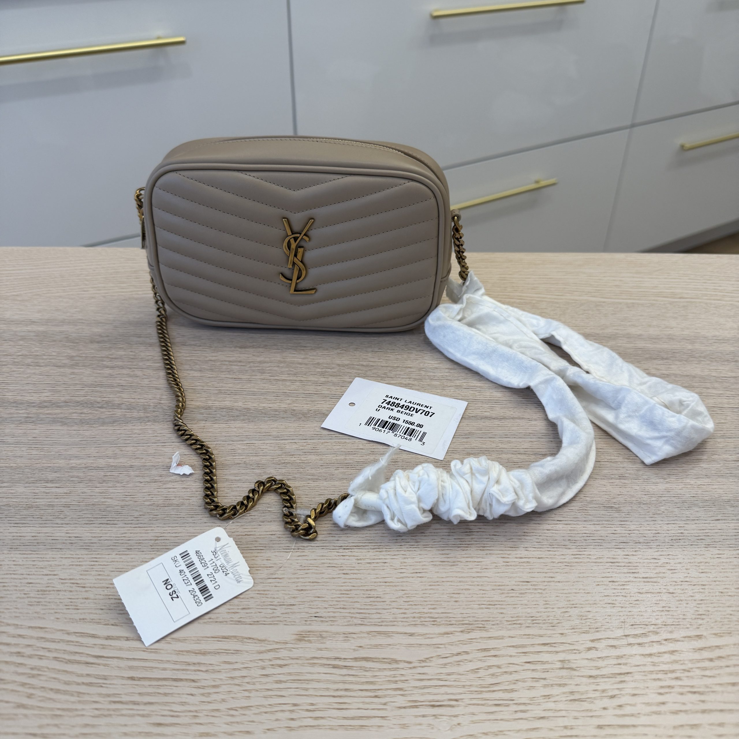 Saint Laurent Smooth Calfskin Matelasse Monogram Mini Lou Camera Bag Dark Beige Gold Hardware (Copy)