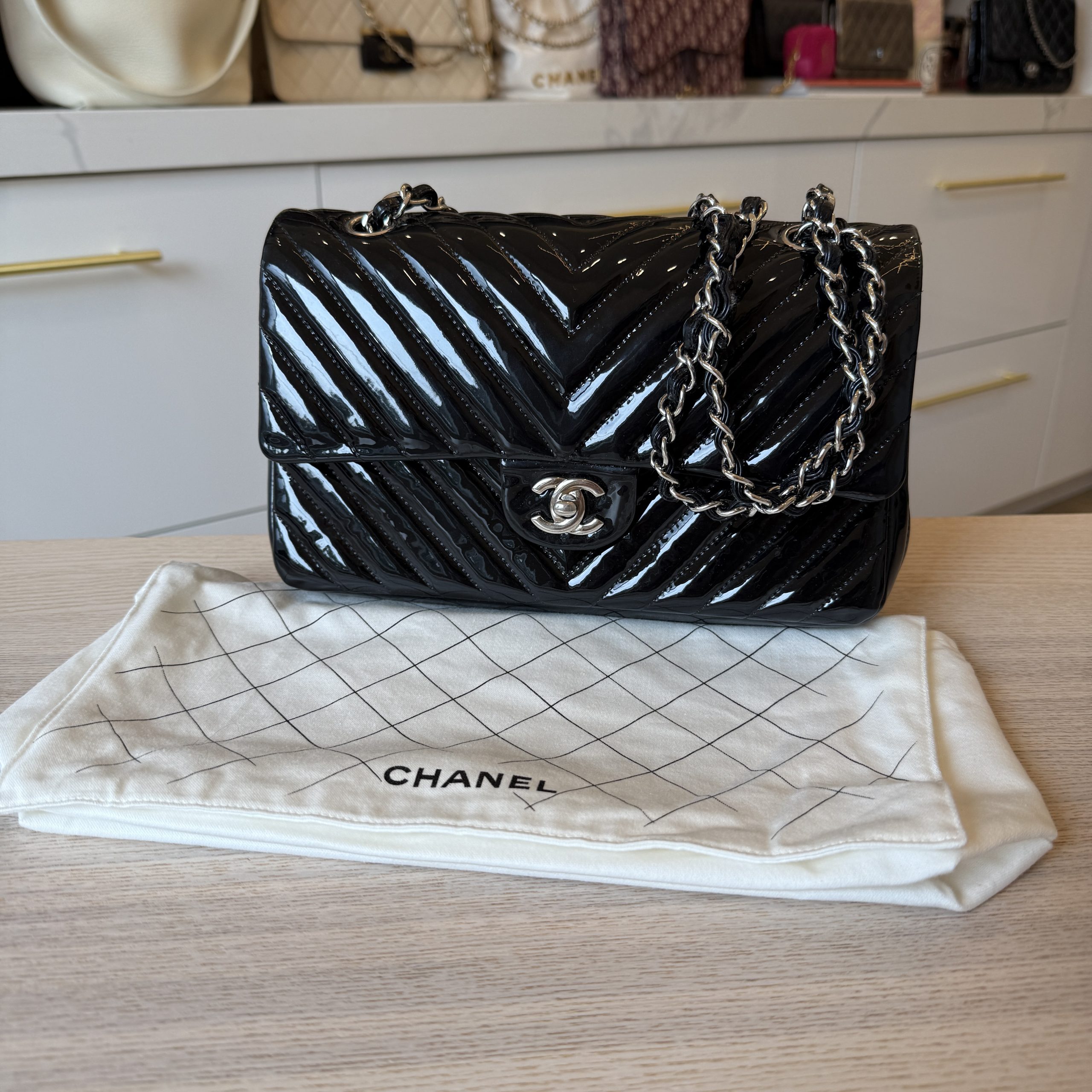 Chanel Patent Chevron Quilted Medium Double Flap Black Silver Hardware