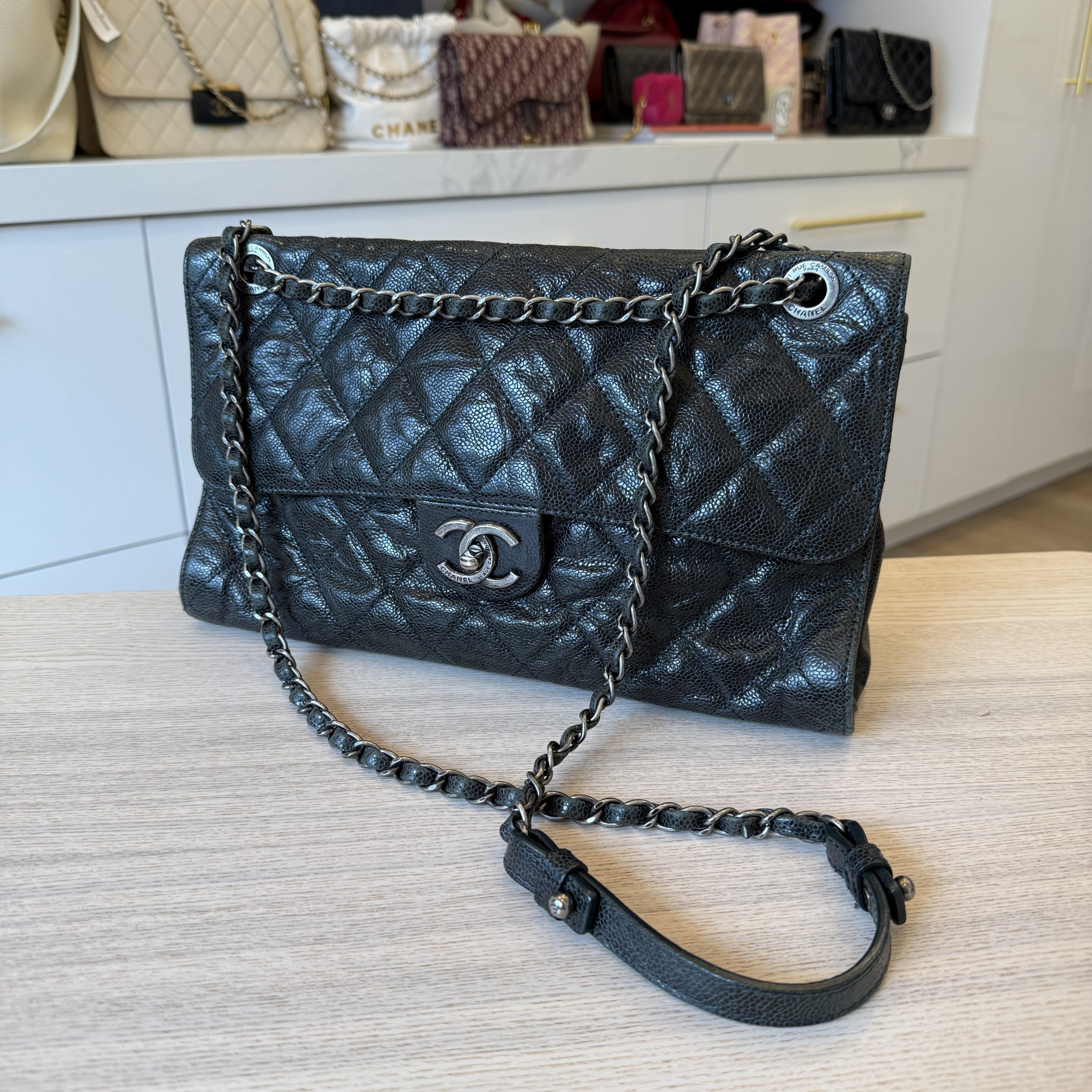 Chanel Crumpled Grained Calfskin Jumbo CC Crave Flap Dark Grey Silver Hardware