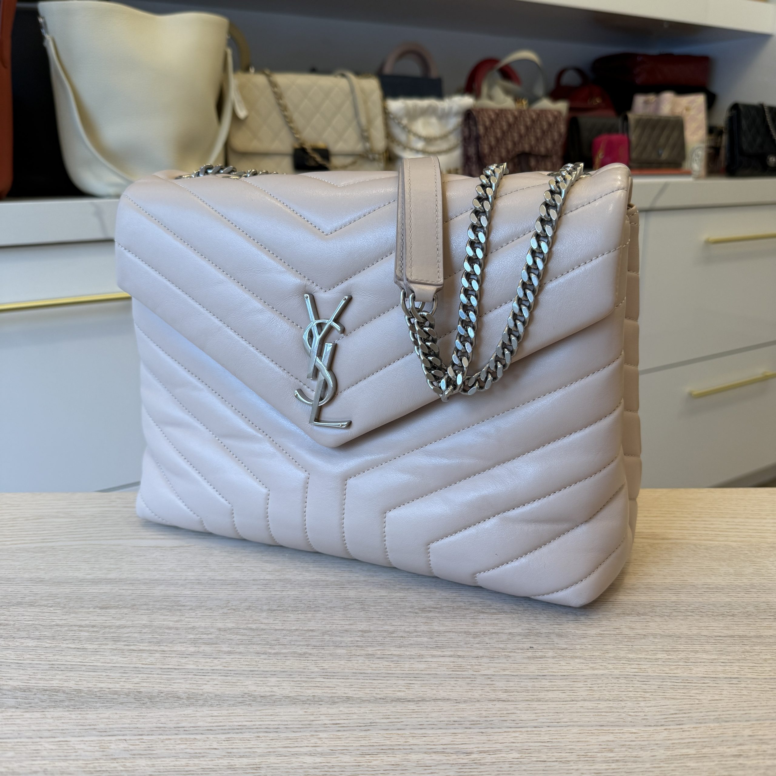 Saint Laurent (YSL) Calfskin Y Quilted Monogram Medium Loulou Chain Satchel Pale Beige and Silver Hardware