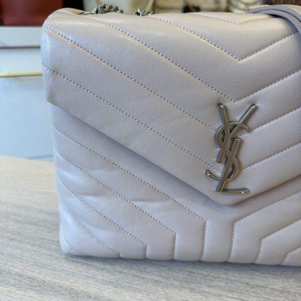 Saint Laurent (YSL) Calfskin Y Quilted Monogram Medium Loulou Chain Satchel Pale Beige and Silver Hardware