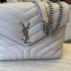 Saint Laurent (YSL) Calfskin Y Quilted Monogram Medium Loulou Chain Satchel Pale Beige and Silver Hardware