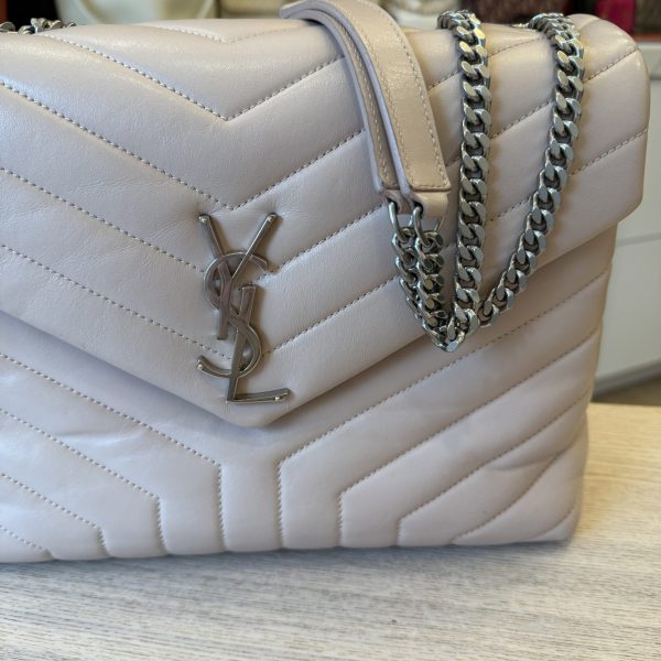 Saint Laurent (YSL) Calfskin Y Quilted Monogram Medium Loulou Chain Satchel Pale Beige and Silver Hardware
