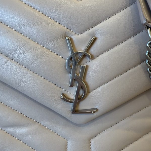 Saint Laurent (YSL) Calfskin Y Quilted Monogram Medium Loulou Chain Satchel Pale Beige and Silver Hardware