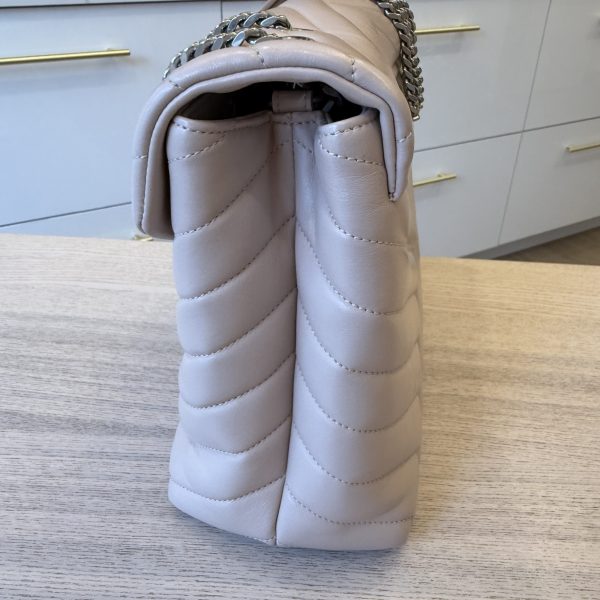 Saint Laurent (YSL) Calfskin Y Quilted Monogram Medium Loulou Chain Satchel Pale Beige and Silver Hardware