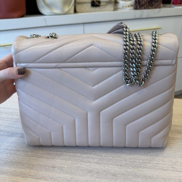 Saint Laurent (YSL) Calfskin Y Quilted Monogram Medium Loulou Chain Satchel Pale Beige and Silver Hardware
