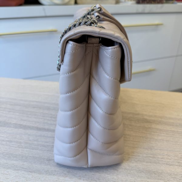 Saint Laurent (YSL) Calfskin Y Quilted Monogram Medium Loulou Chain Satchel Pale Beige and Silver Hardware