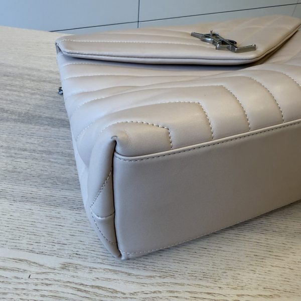 Saint Laurent (YSL) Calfskin Y Quilted Monogram Medium Loulou Chain Satchel Pale Beige and Silver Hardware