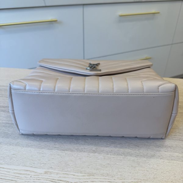 Saint Laurent (YSL) Calfskin Y Quilted Monogram Medium Loulou Chain Satchel Pale Beige and Silver Hardware