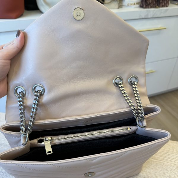 Saint Laurent (YSL) Calfskin Y Quilted Monogram Medium Loulou Chain Satchel Pale Beige and Silver Hardware