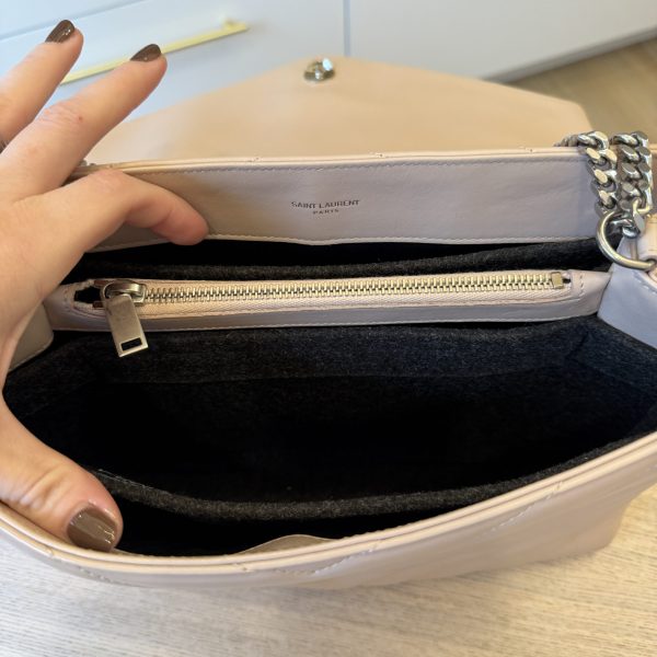 Saint Laurent (YSL) Calfskin Y Quilted Monogram Medium Loulou Chain Satchel Pale Beige and Silver Hardware