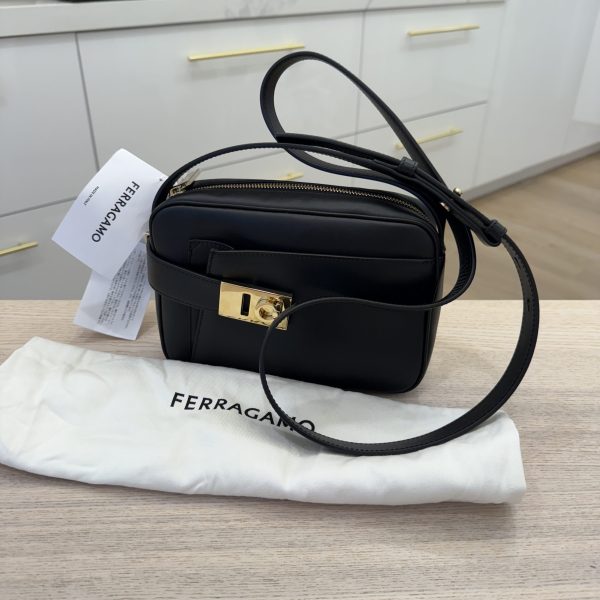 Salvatore Ferragamo Calfskin Gancio Small Archive Camera Case Black