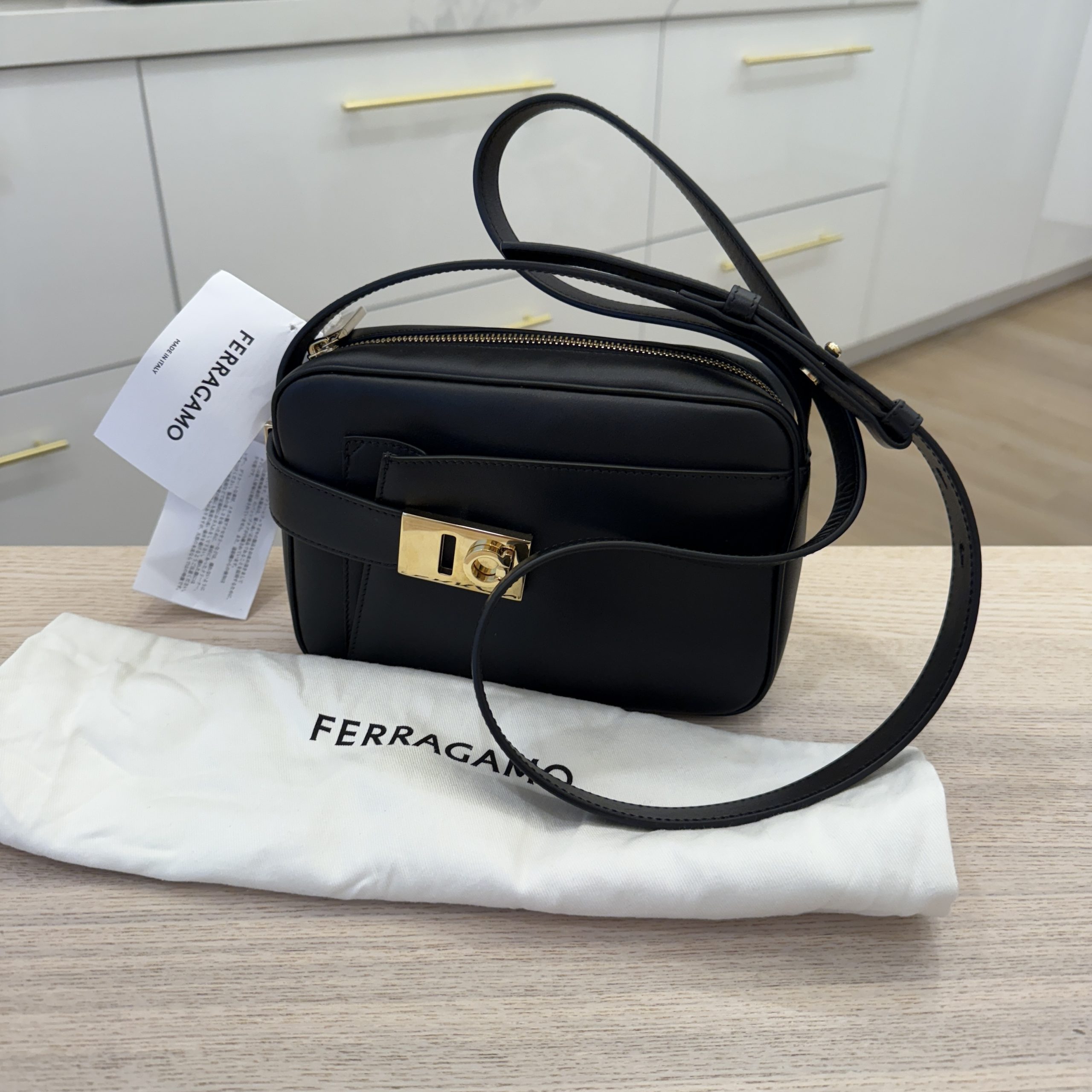 Salvatore Ferragamo Calfskin Gancio Small Archive Camera Case Black